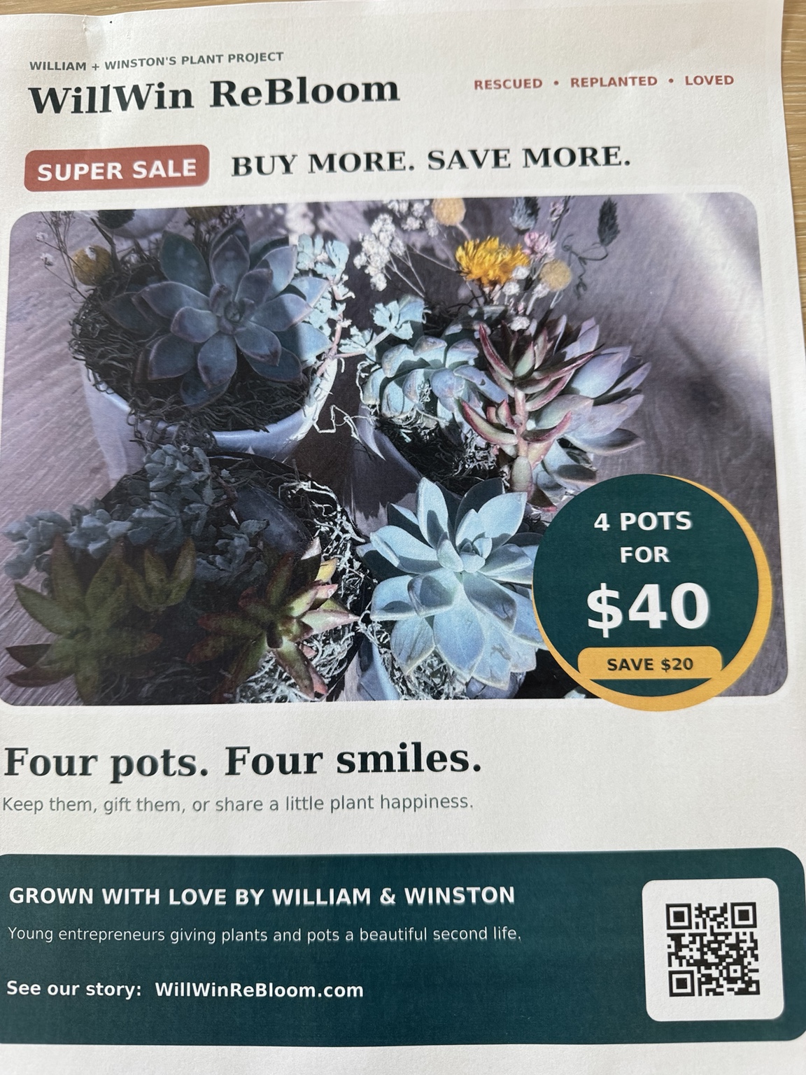 WillWin ReBloom super sale sign advertising four succulent pots for forty dollars