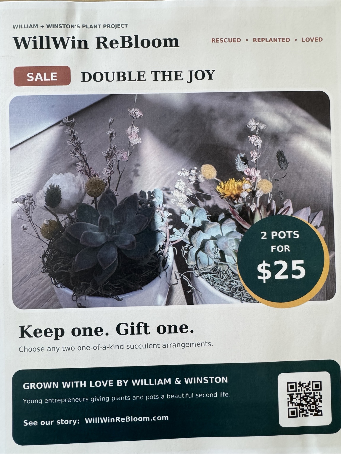 WillWin ReBloom sale sign advertising two succulent pots for twenty-five dollars