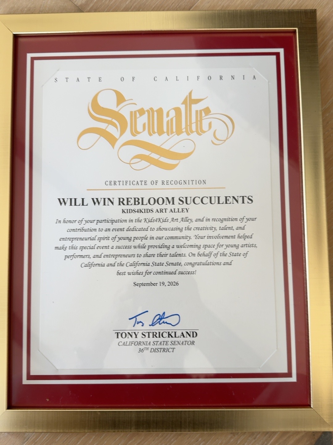 California State Senate Certificate of Recognition for Will Win ReBloom Succulents