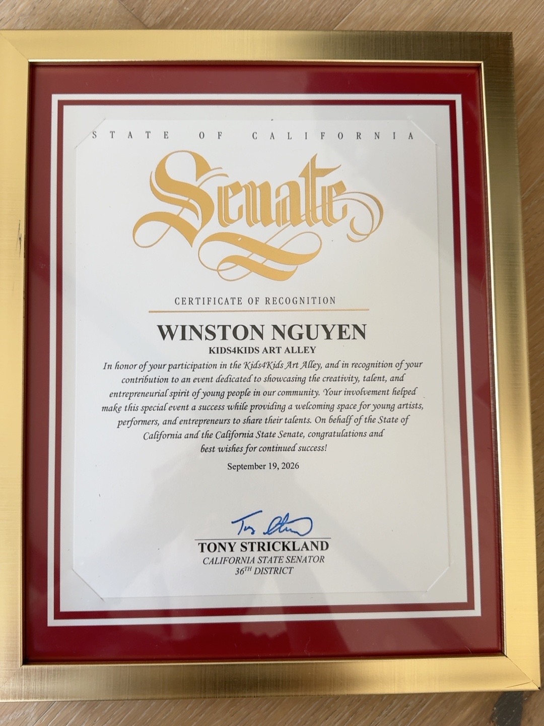 California State Senate Certificate of Recognition presented to Winston Nguyen