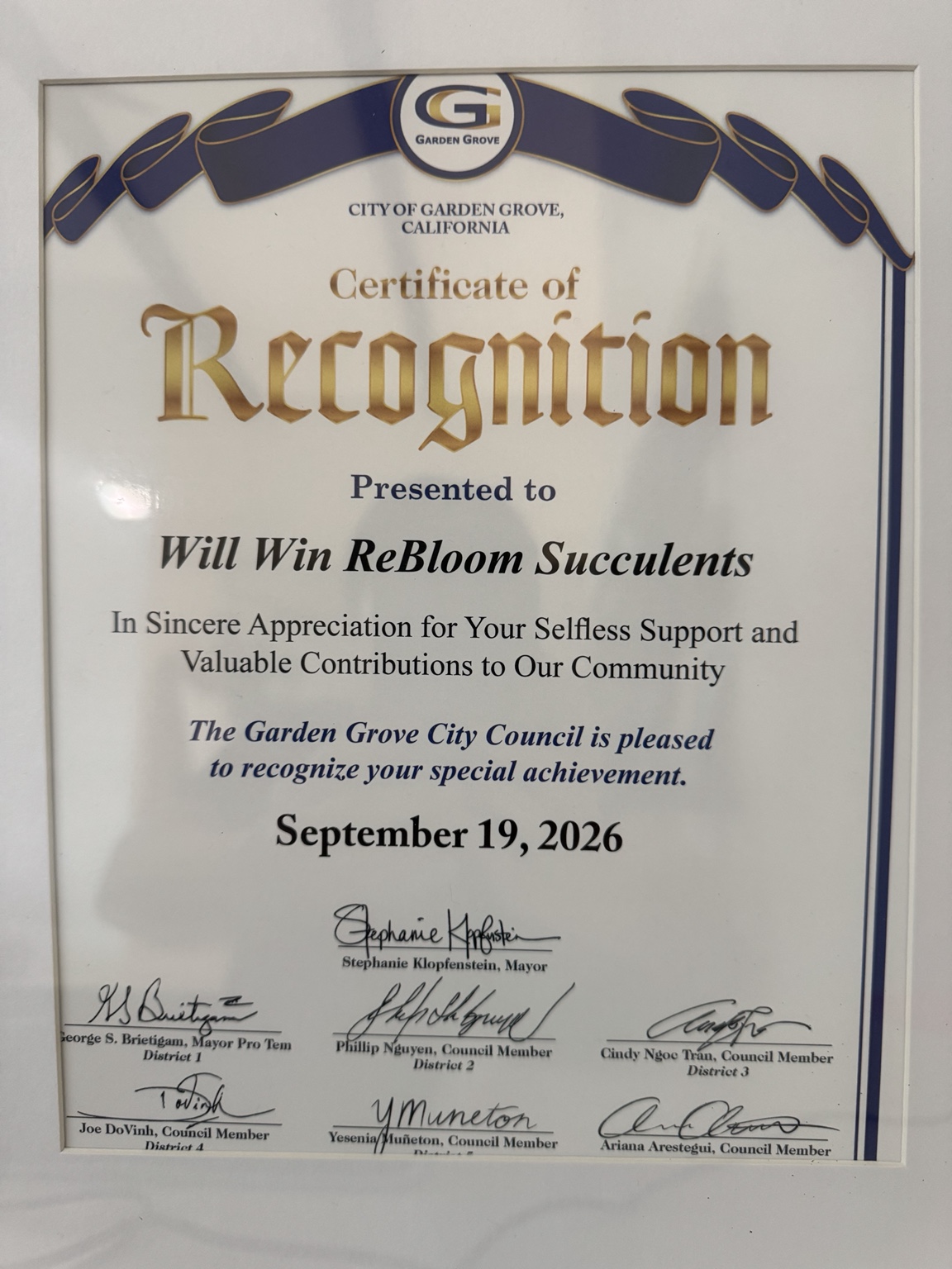 Garden Grove Certificate of Recognition for Will Win ReBloom Succulents
