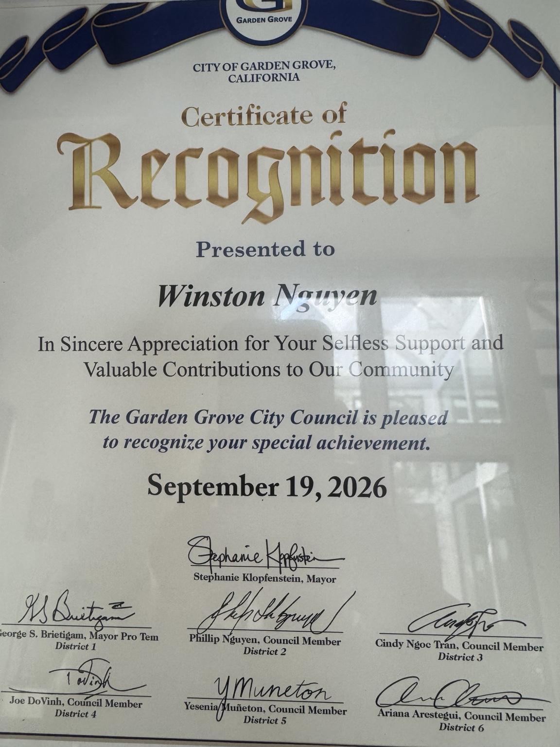 Garden Grove Certificate of Recognition presented to Winston Nguyen